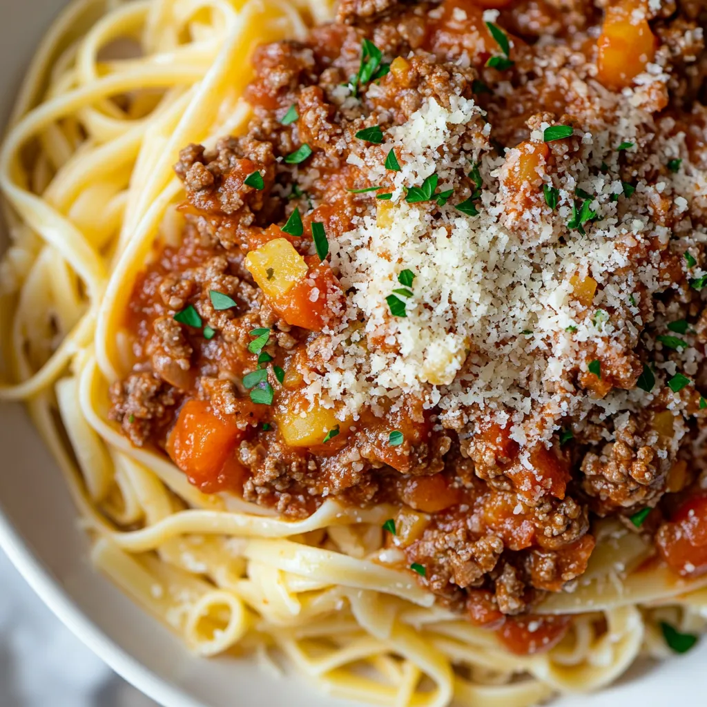 A bowl of spaghetti with meat sauce.