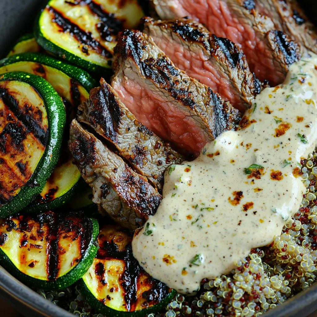 A bowl of grilled steak with creamy sauce and grilled zucchini.