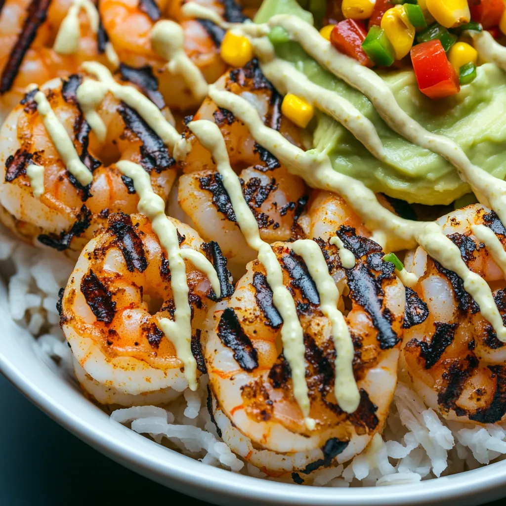 A bowl of food with shrimp, avocado, corn salsa, and creamy sauce.