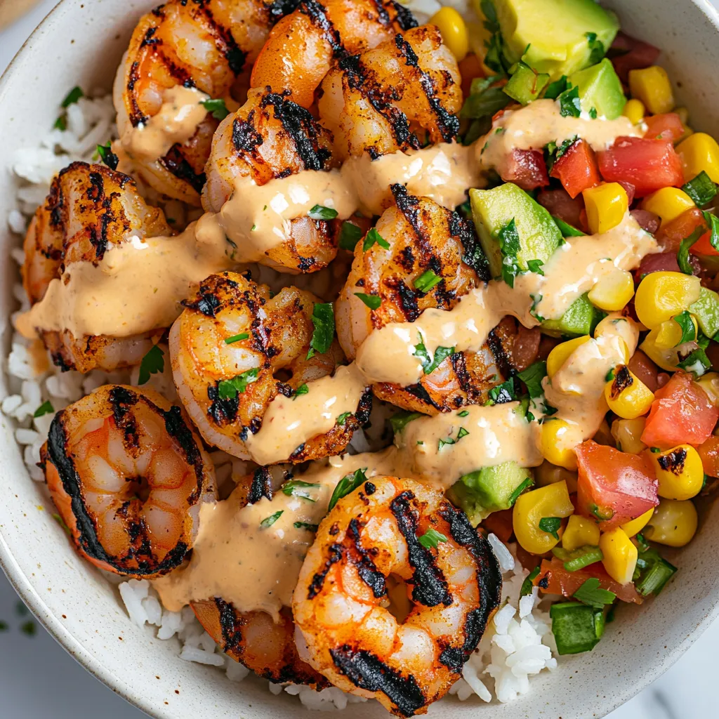 A bowl of shrimp and rice with a creamy sauce.