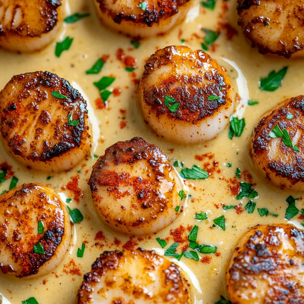 Seared scallops with spicy cajun cream sauce.