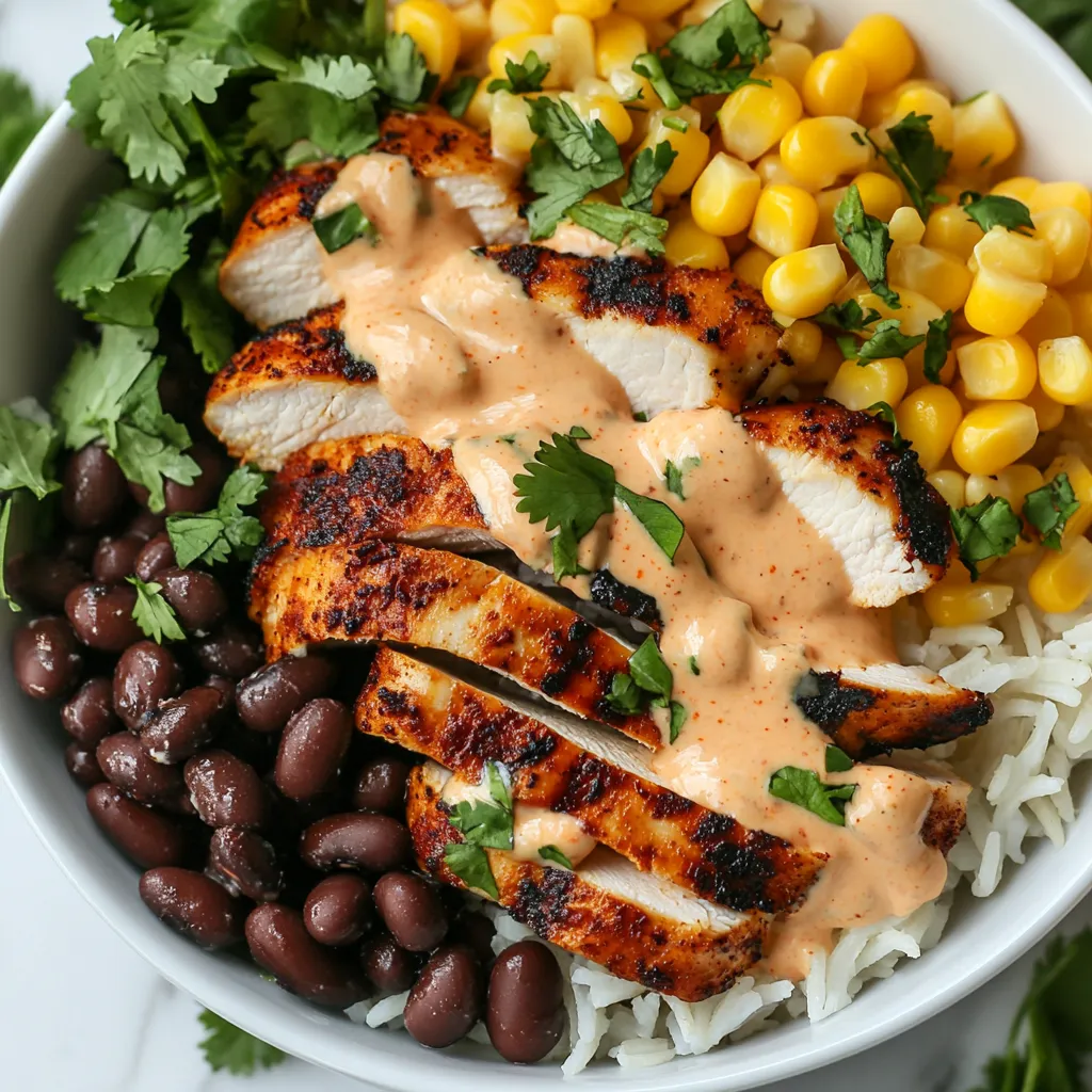 A bowl of food with chicken, beans, corn, and sauce.