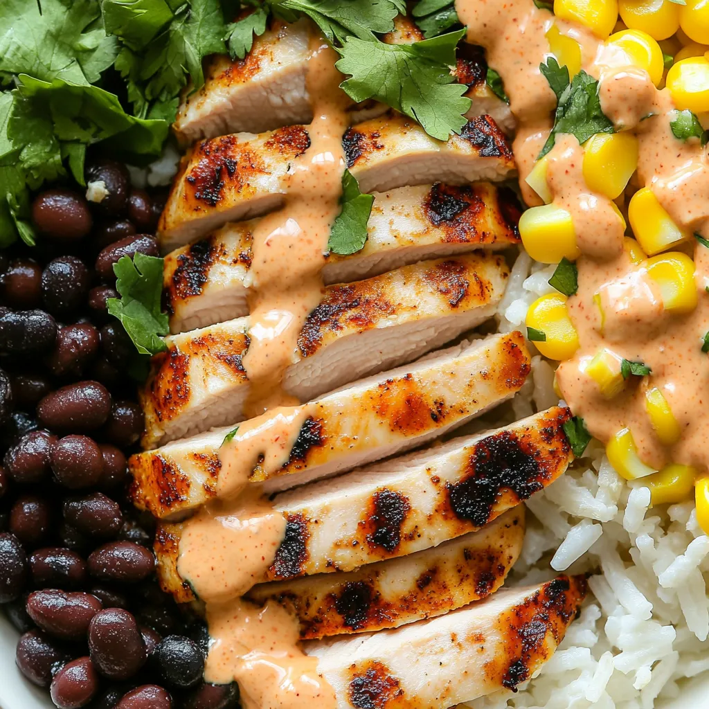 A bowl of food with rice, beans, corn, and chicken.