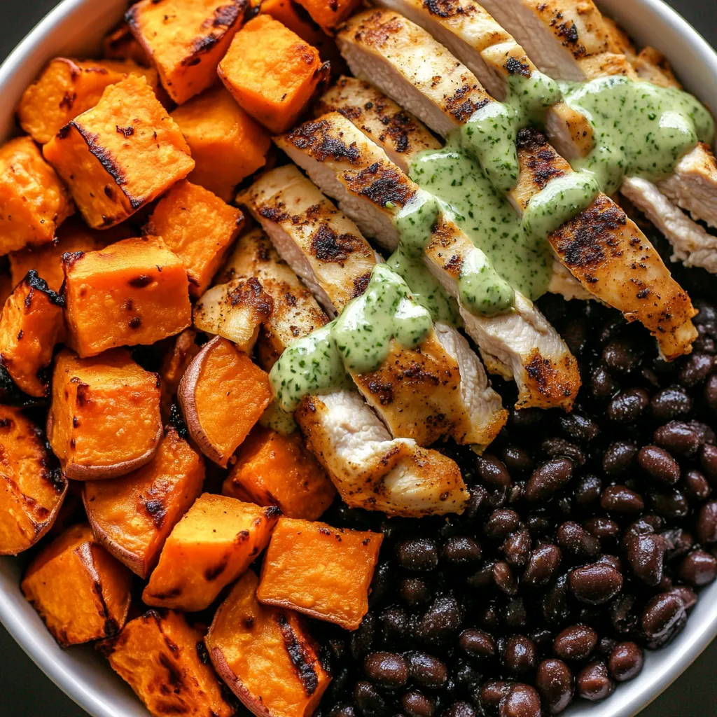 A bowl of food with chicken, sweet potatoes, black beans, and cilantro lime sauce.