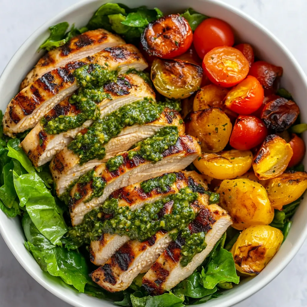 A bowl of grilled chicken with chimichurri sauce and tomatoes.