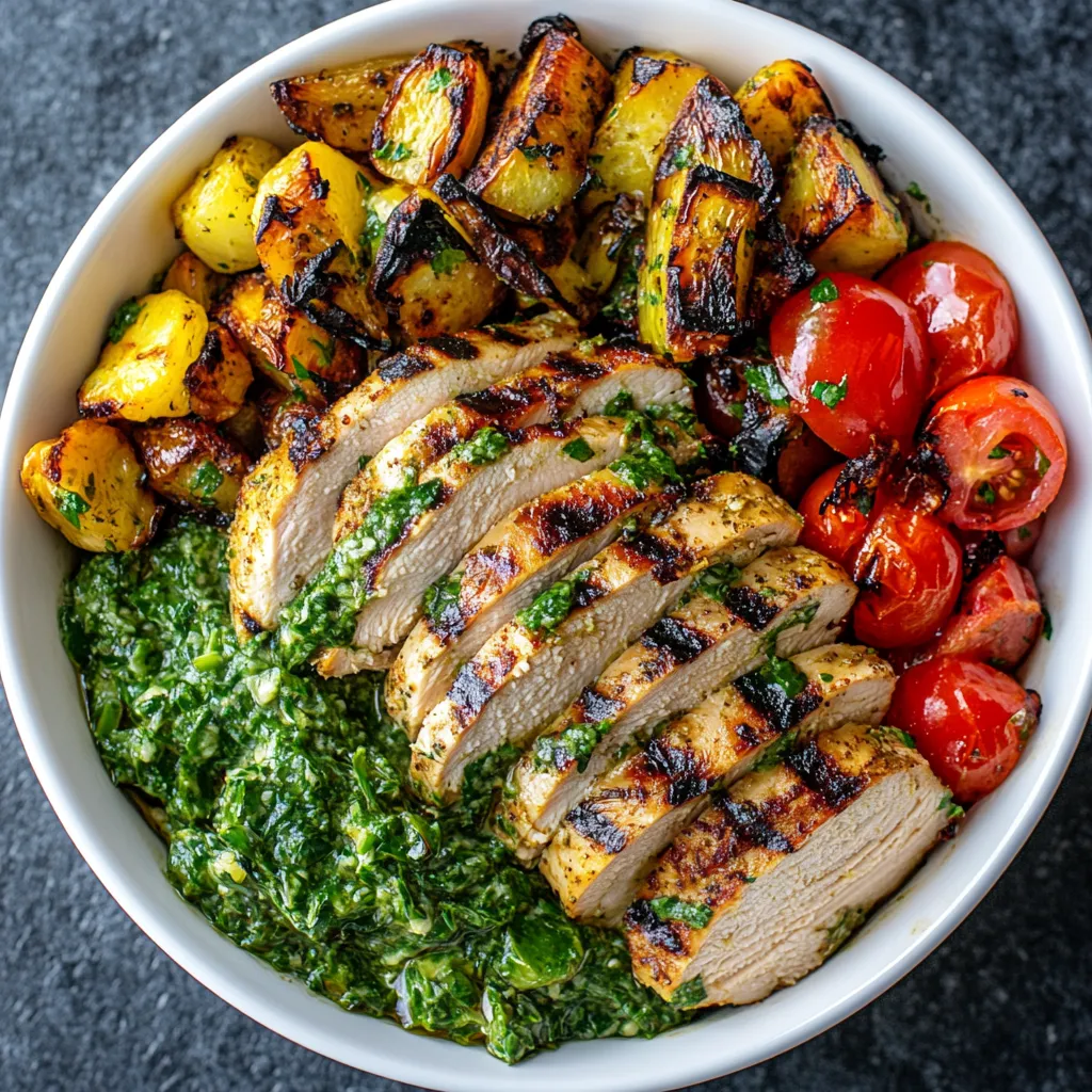 A bowl of food with chicken, tomatoes, and greens.