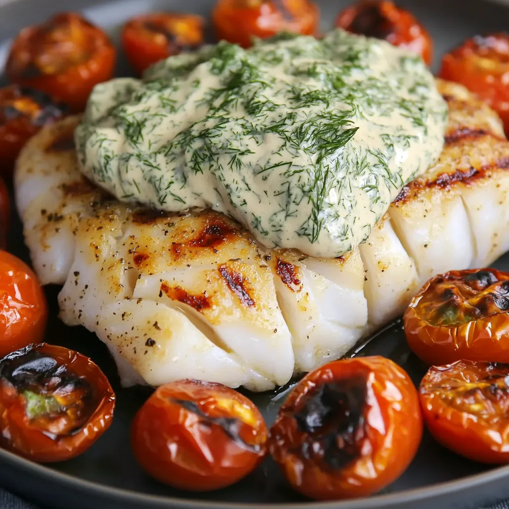 A plate of grilled fish with tomatoes and a creamy sauce.
