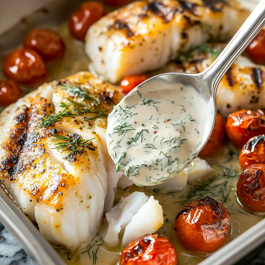 A spoonful of sauce is being poured over a plate of food.