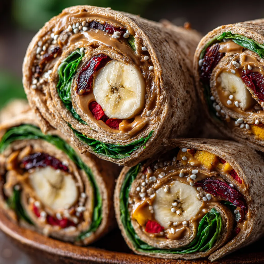 A stack of high protein peanut butter and date energy wraps.