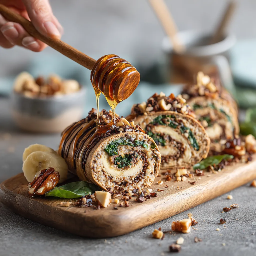 A wooden cutting board with a banana, honey, and nuts.