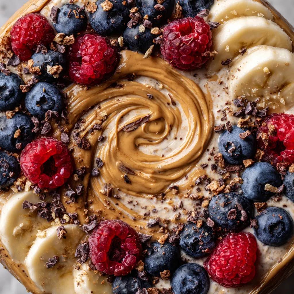 A bowl of Greek yogurt, peanut butter, and protein oats.