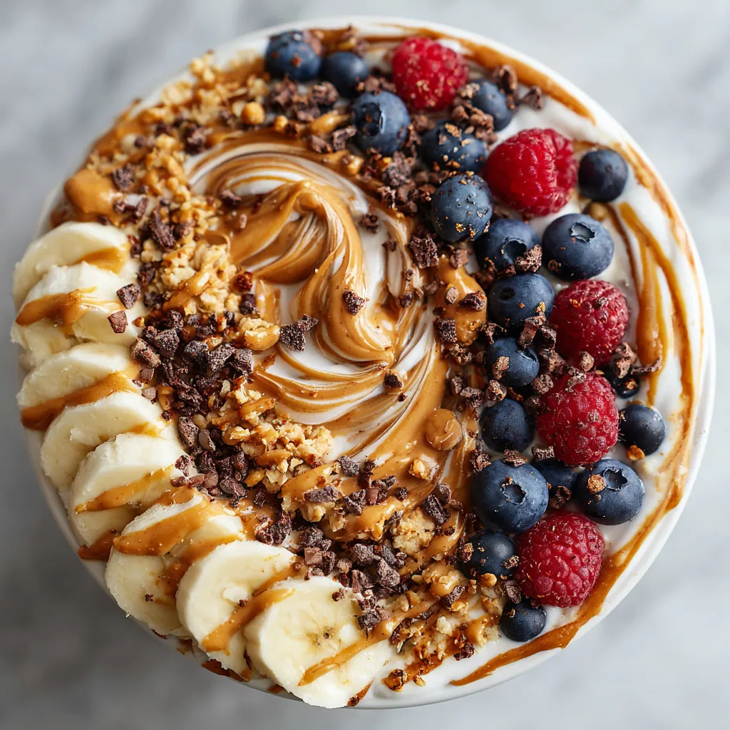 A banana split with chocolate, peanut butter, and blueberries.