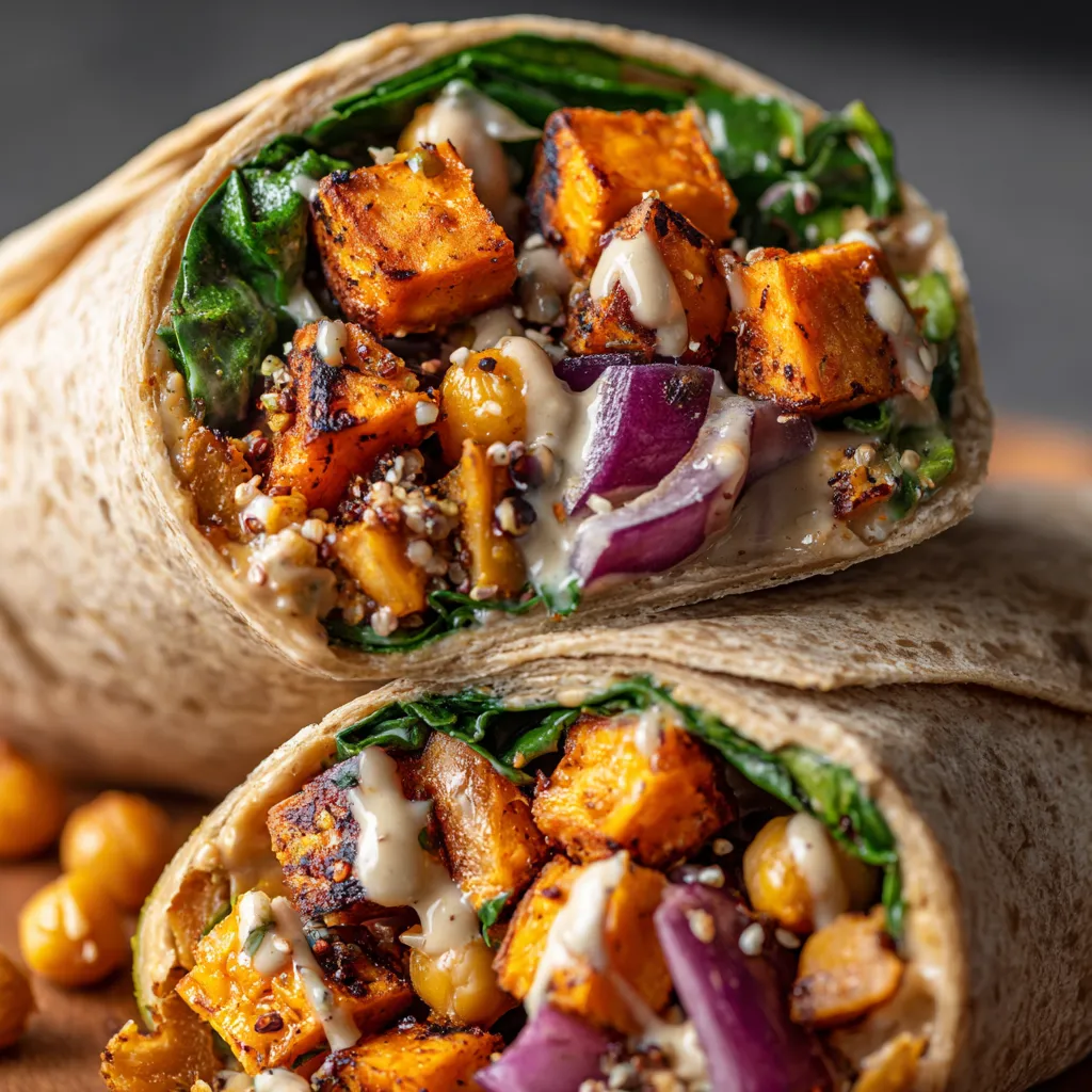 A sweet potato and chickpea protein wrap with peanut butter and tahini sauce.