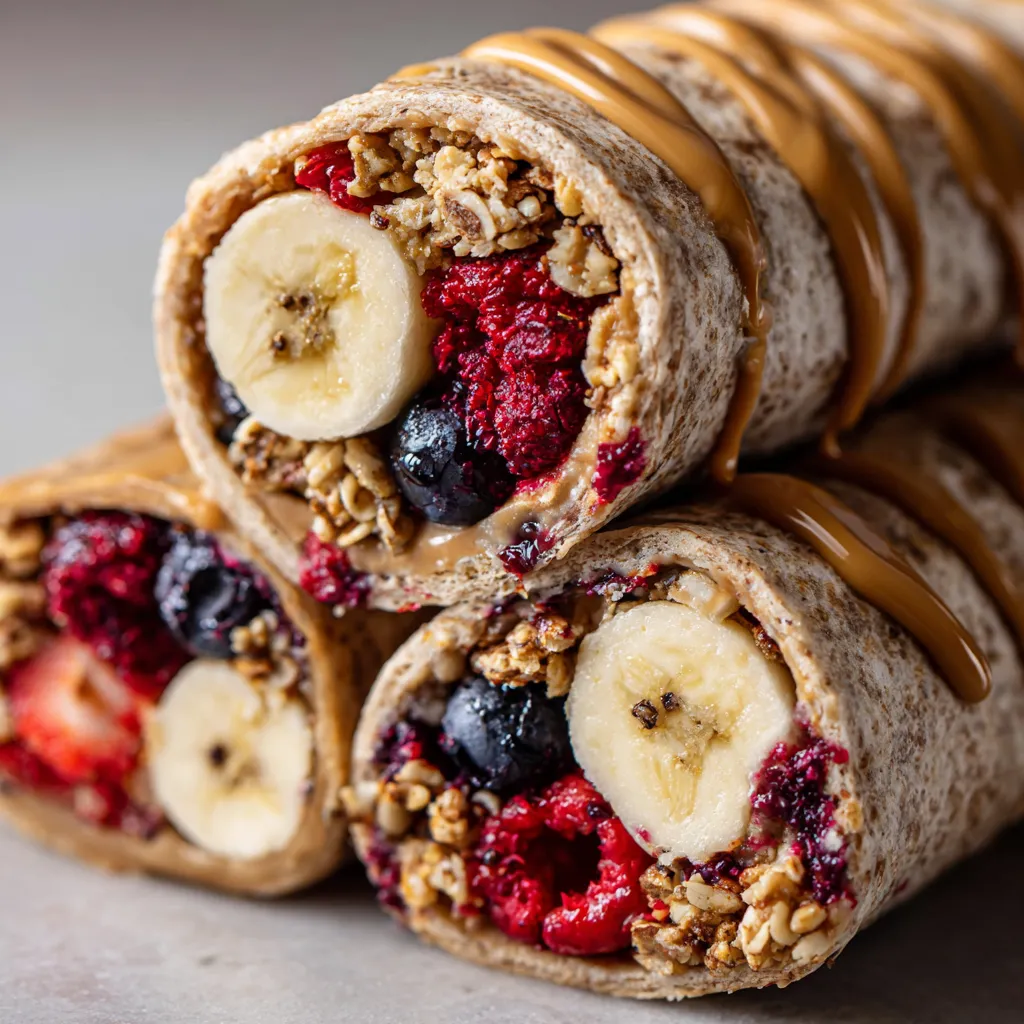 A protein granola wrap roll-up with bananas and berries.