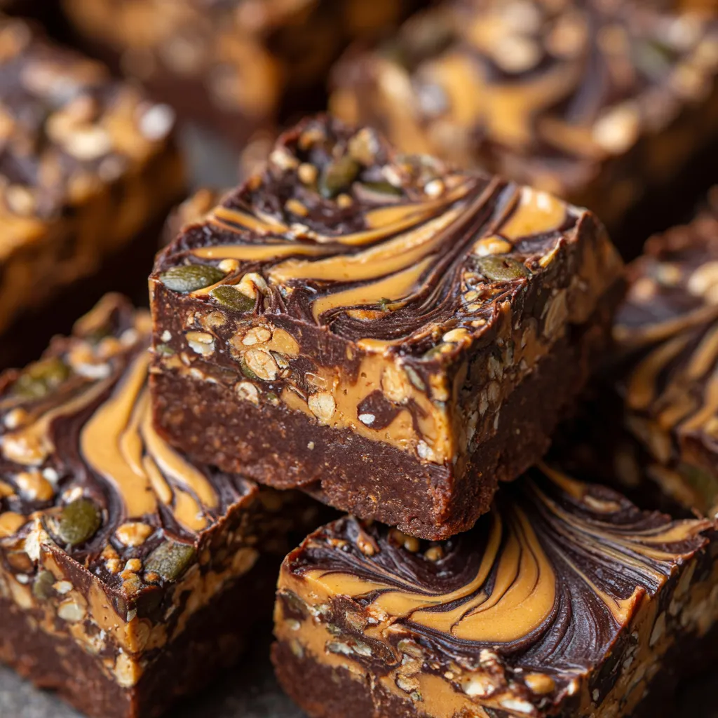 A close up of a chocolate peanut butter protein bar.