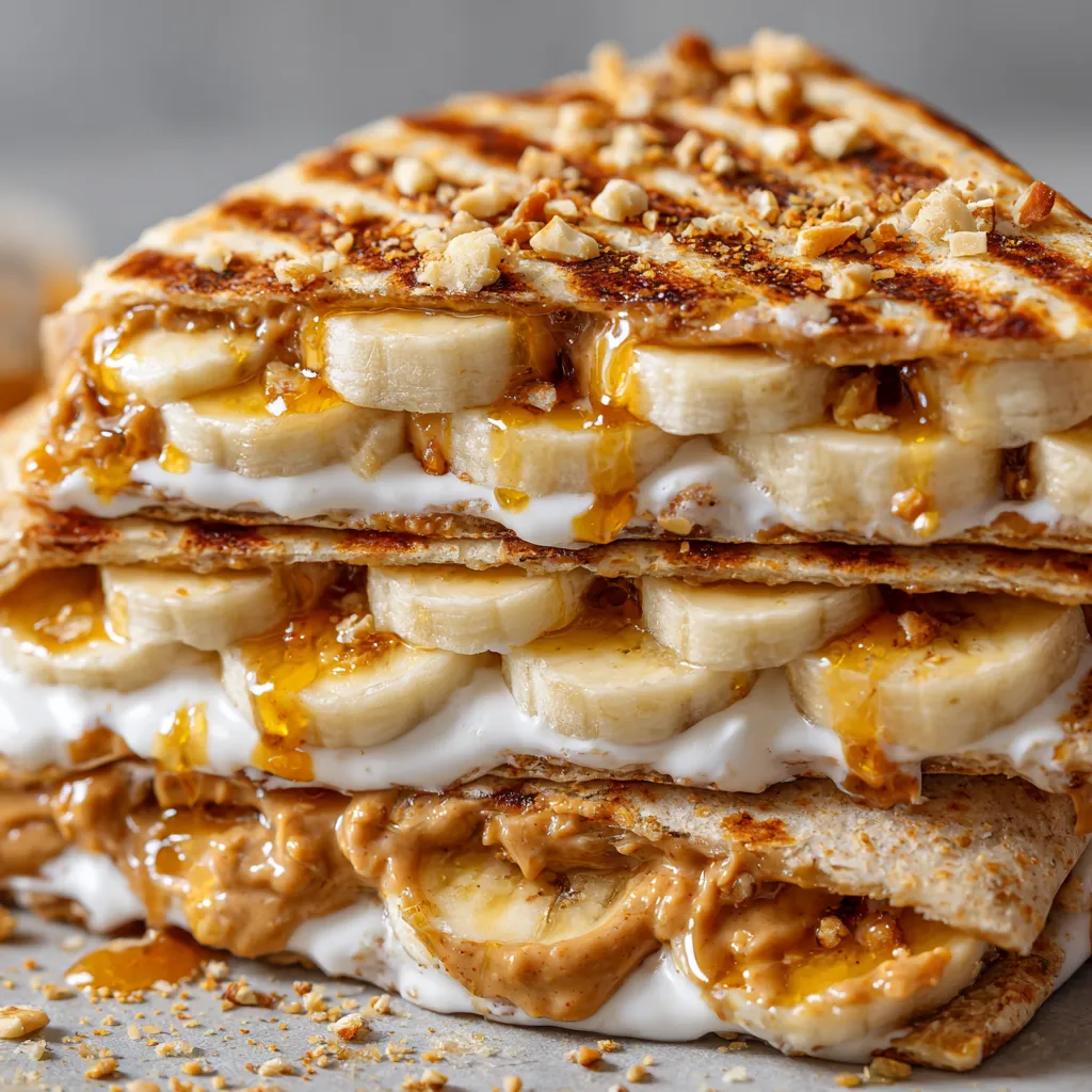 A quesadilla with bananas and peanut butter.