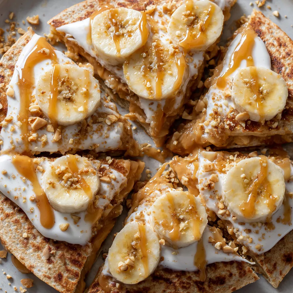 A slice of pizza with bananas and peanut butter.