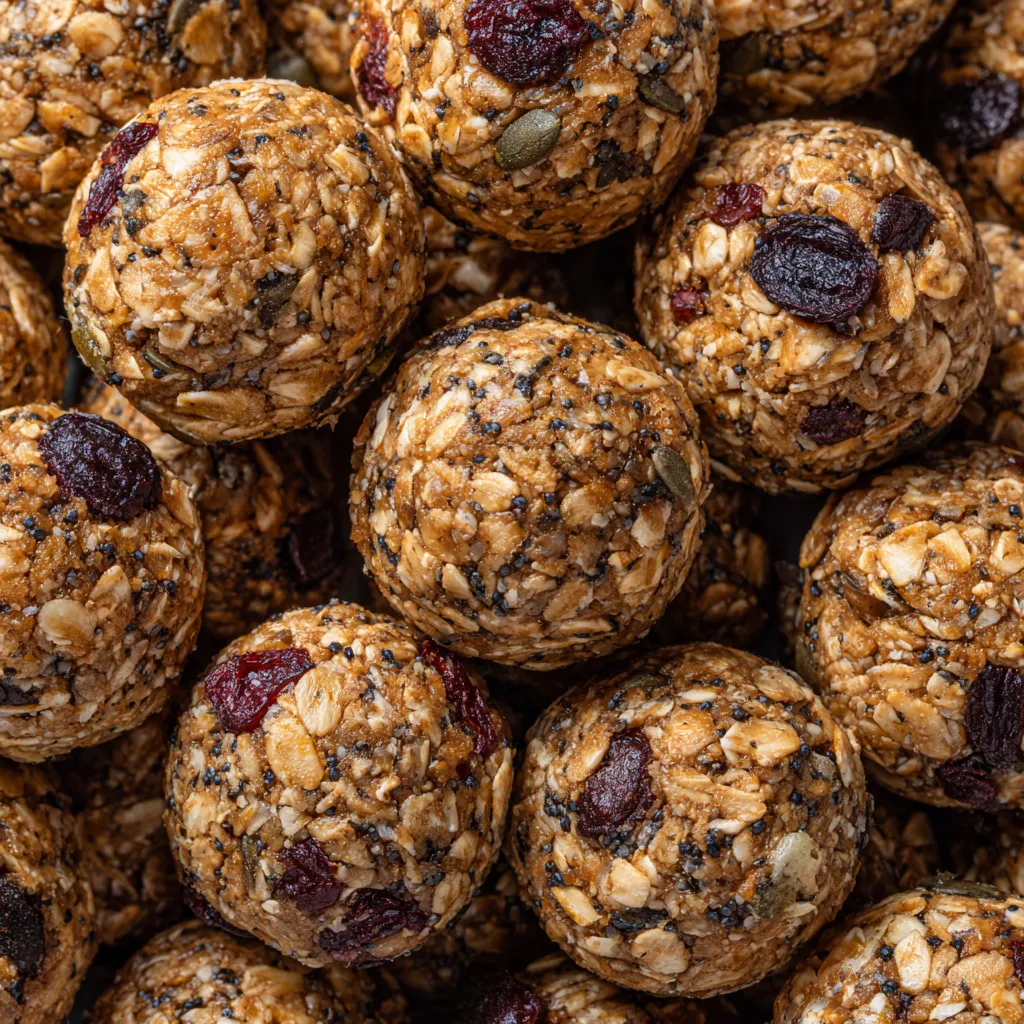 A pile of protein balls with crunchy seeds.