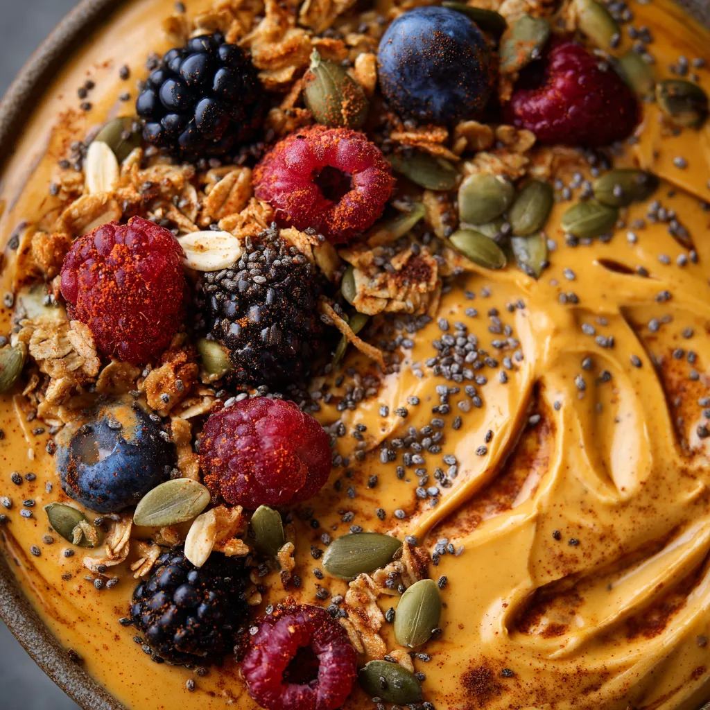 A bowl of peanut butter pumpkin protein smoothie.