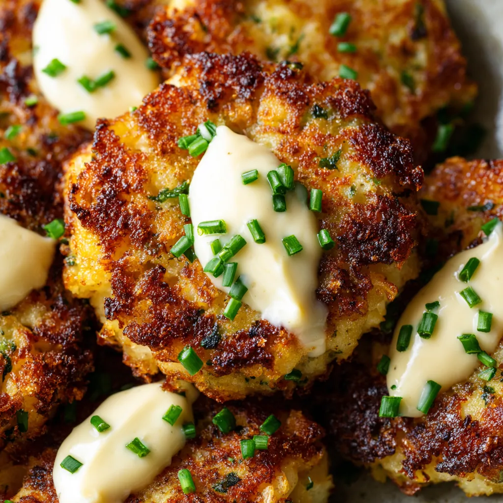 A plate of mashed potato cakes with garlic aioli.