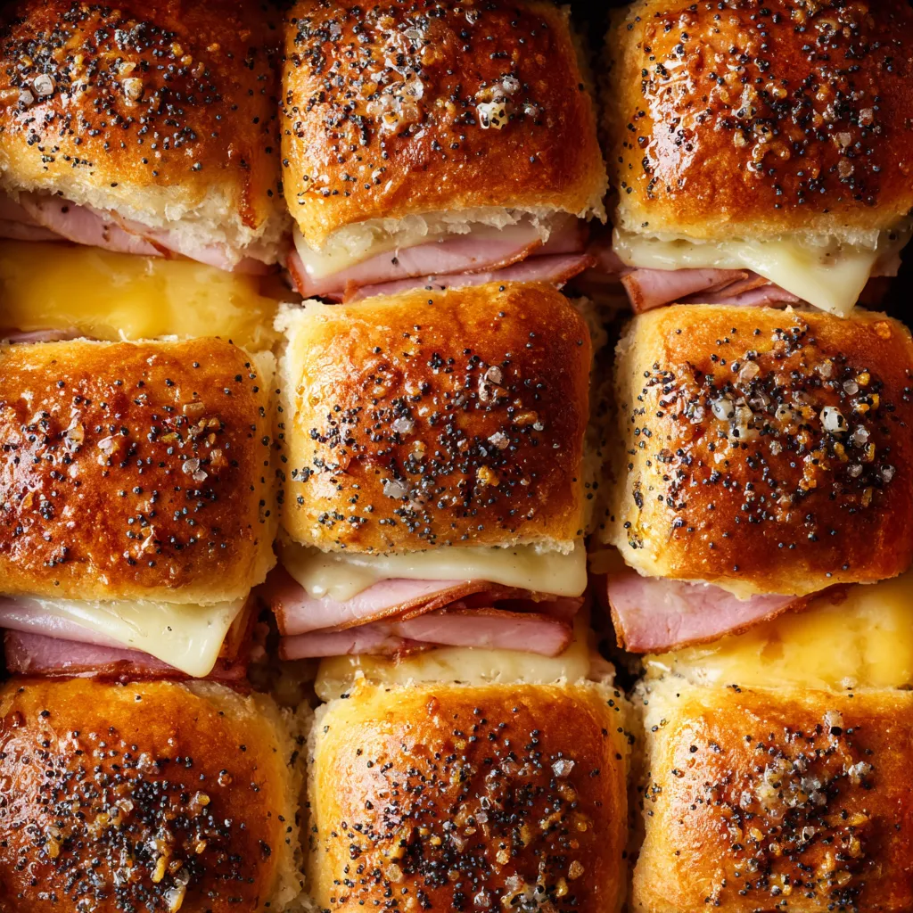 A tray of sandwiches with cheese and ham.
