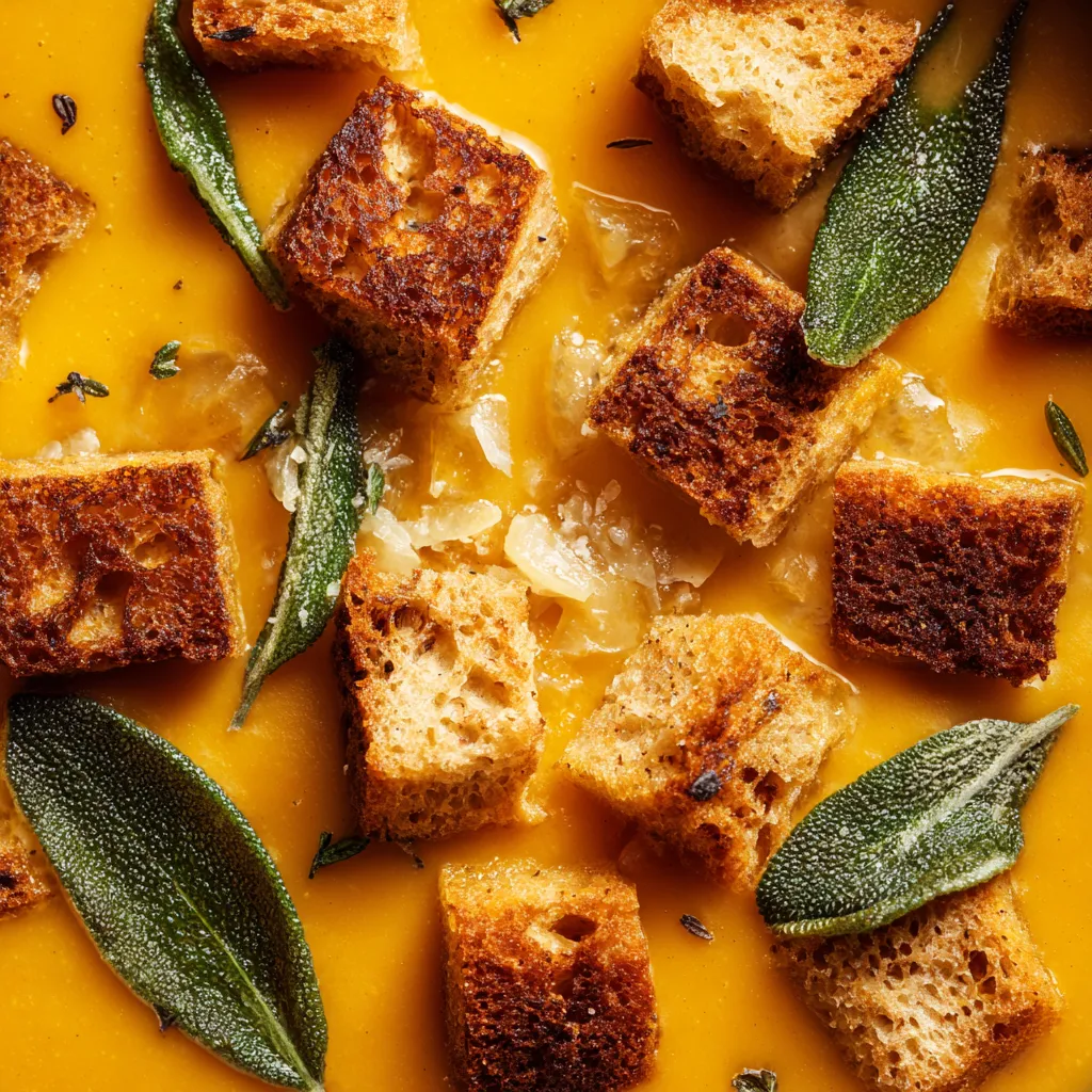 A bowl of soup with crispy sage on top.