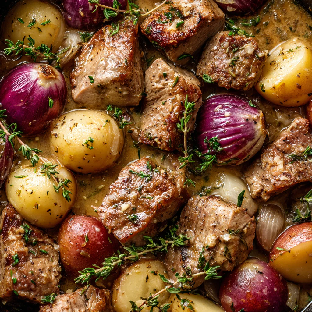 A dish of meat and vegetables, including potatoes and onions, cooked in a cider-braised sauce.