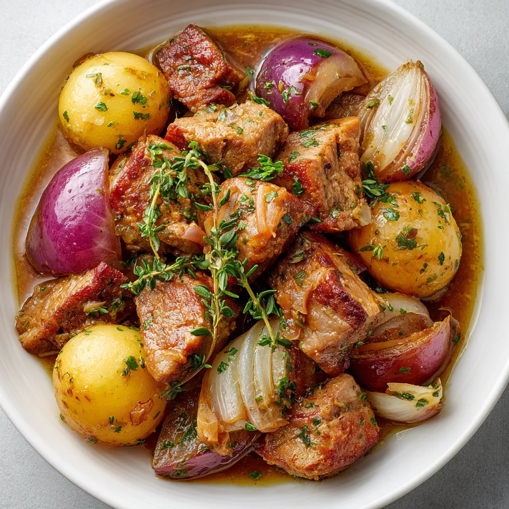 A bowl of meat and vegetables.