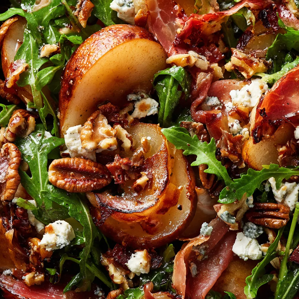 A salad with feta, prosciutto, and pear.