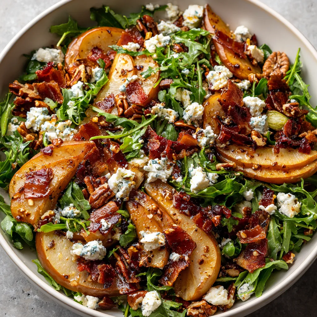 A bowl of salad with bacon, spinach, and blue cheese.