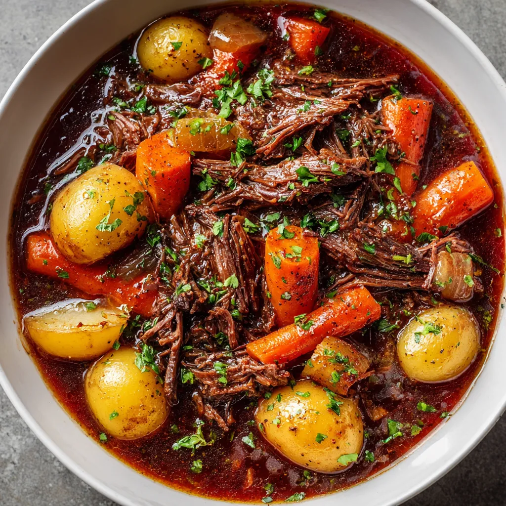 A bowl of beef stew with carrots and potatoes.
