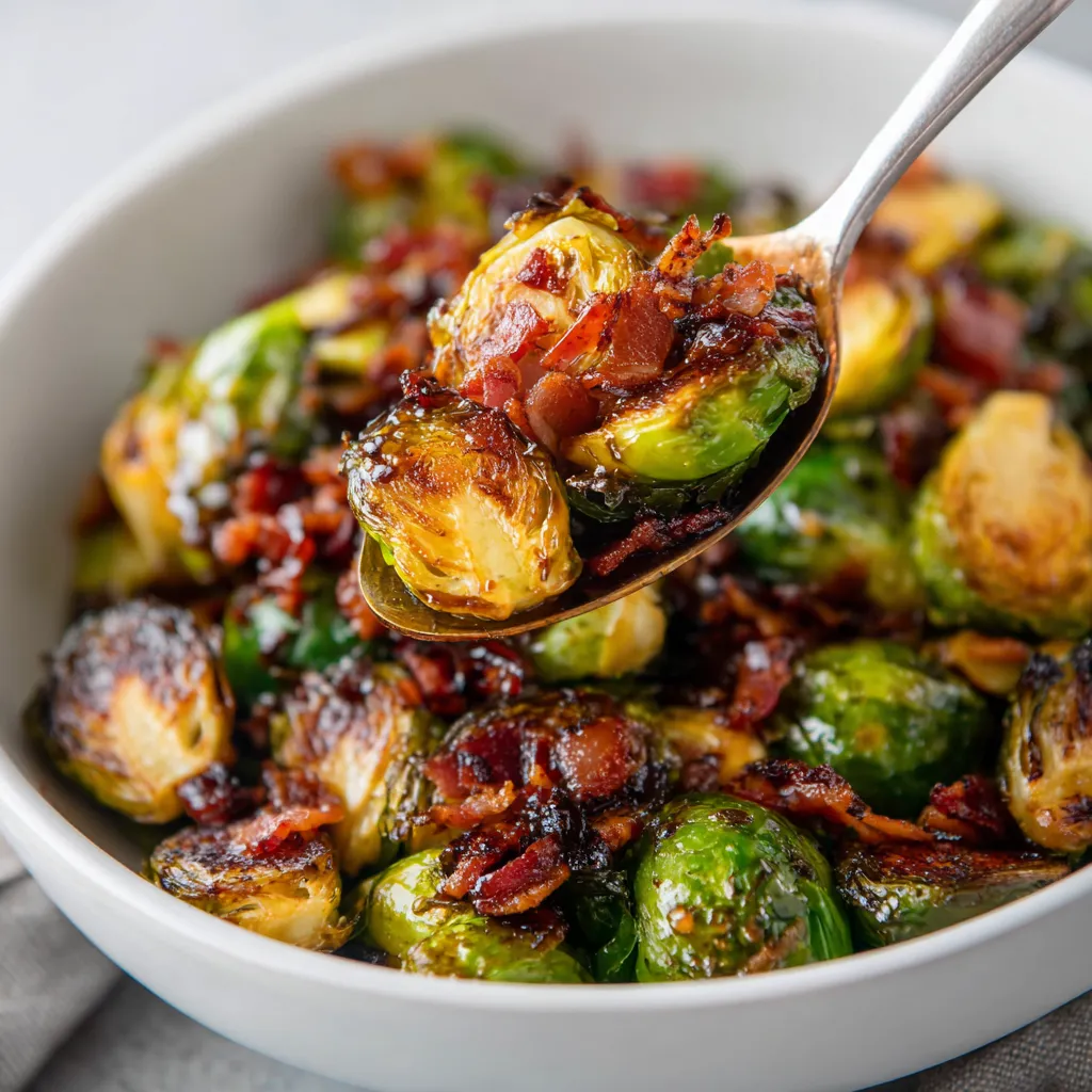 A spoon is in a bowl of roasted Brussels sprouts with bacon and balsamic glaze.