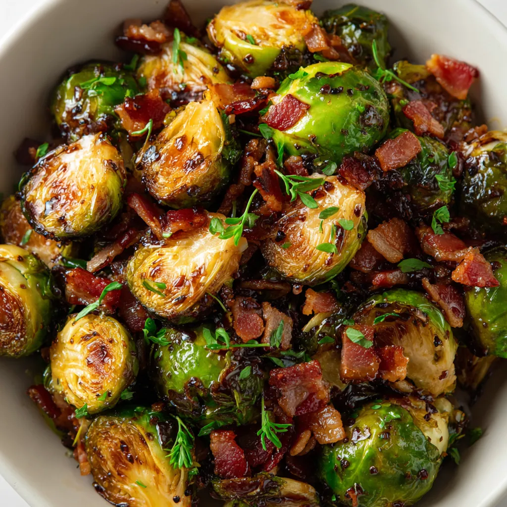 A bowl of food with bacon and brussels sprouts.