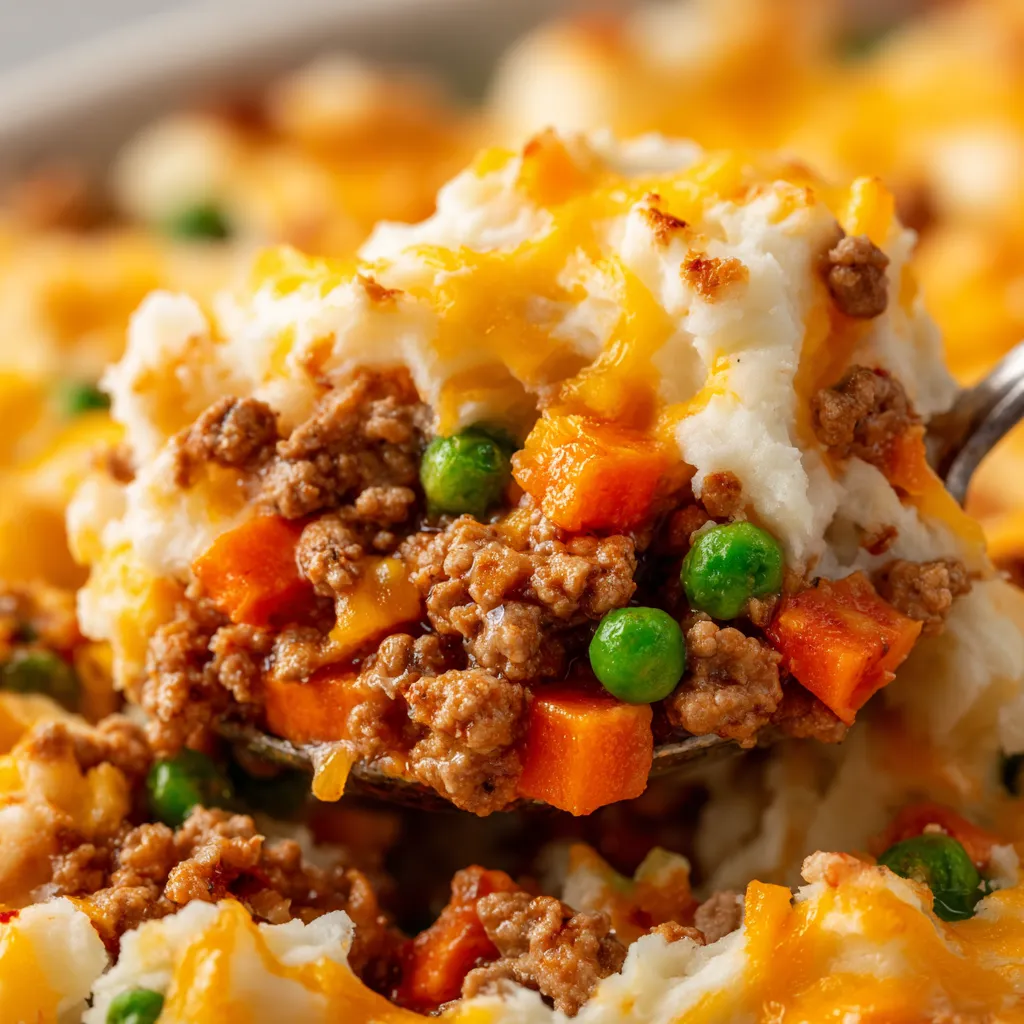 A close up of a delicious looking shepherd's pie with peas and carrots.