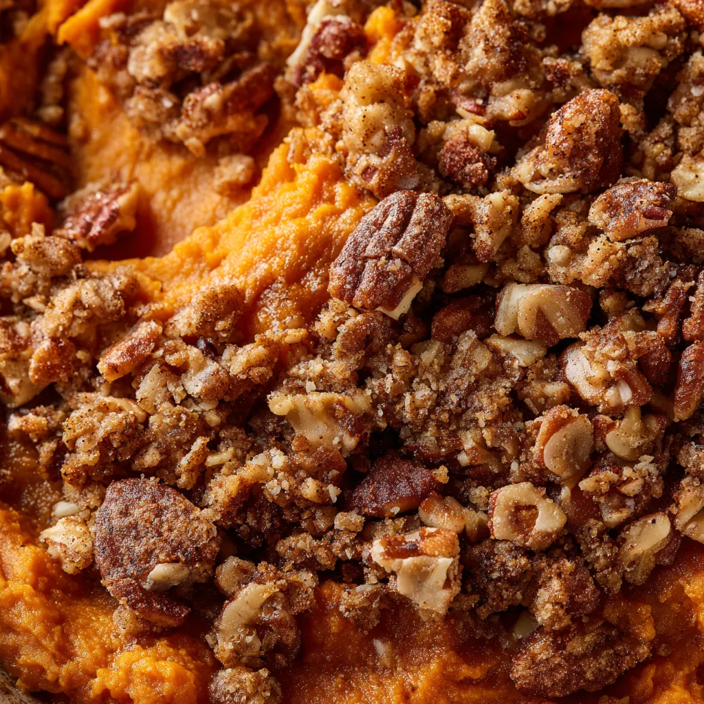 A close up of a sweet potato casserole with cinnamon crunch topping.