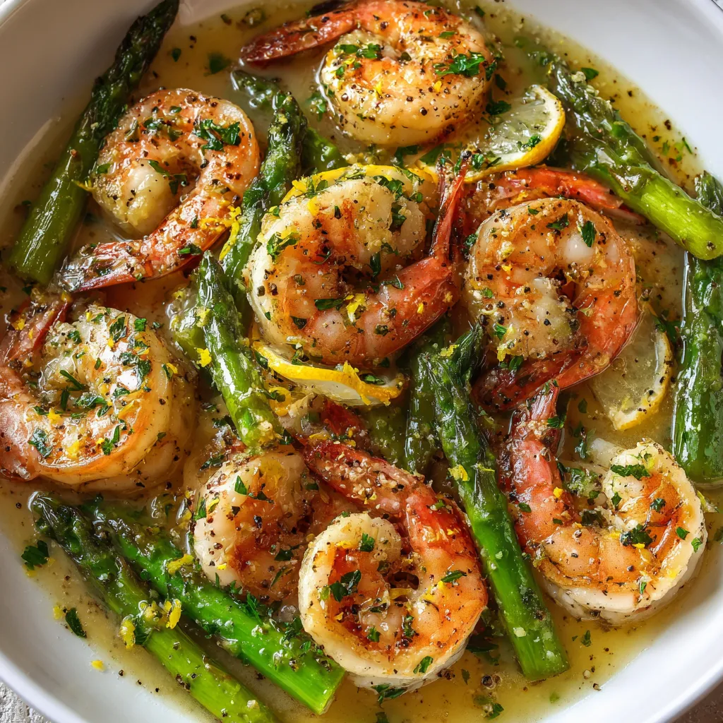 A plate of shrimp and asparagus.