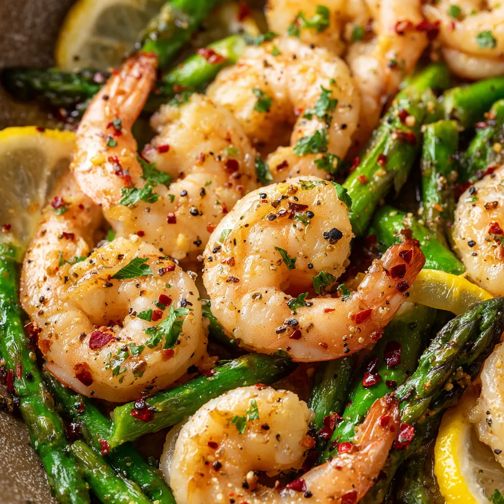 A bowl of shrimp and asparagus.
