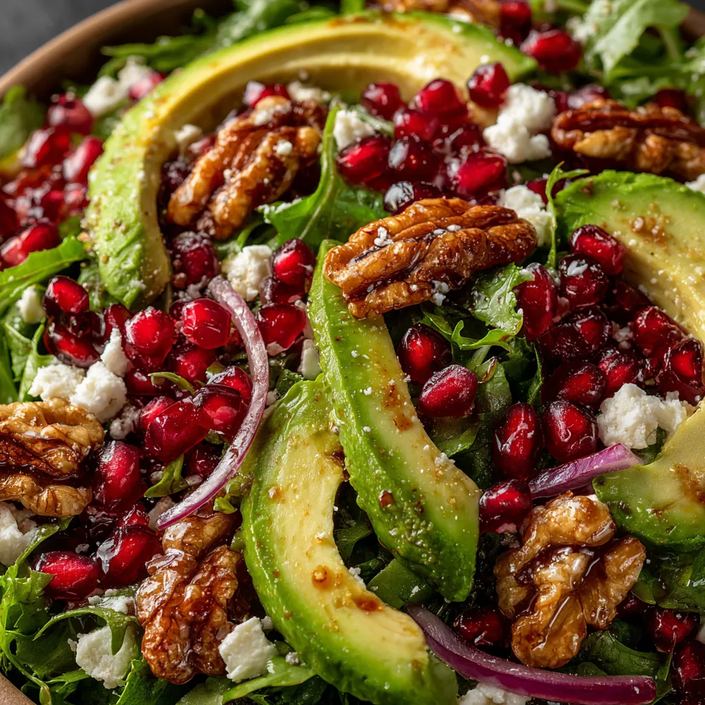 A salad with avocado, pomegranate, and a lemon vinaigrette.