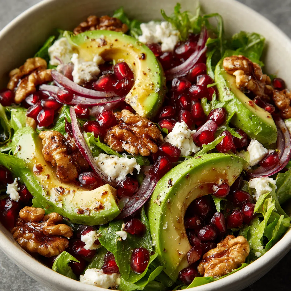 A bowl of salad with walnuts, avocado, and pomegranate.