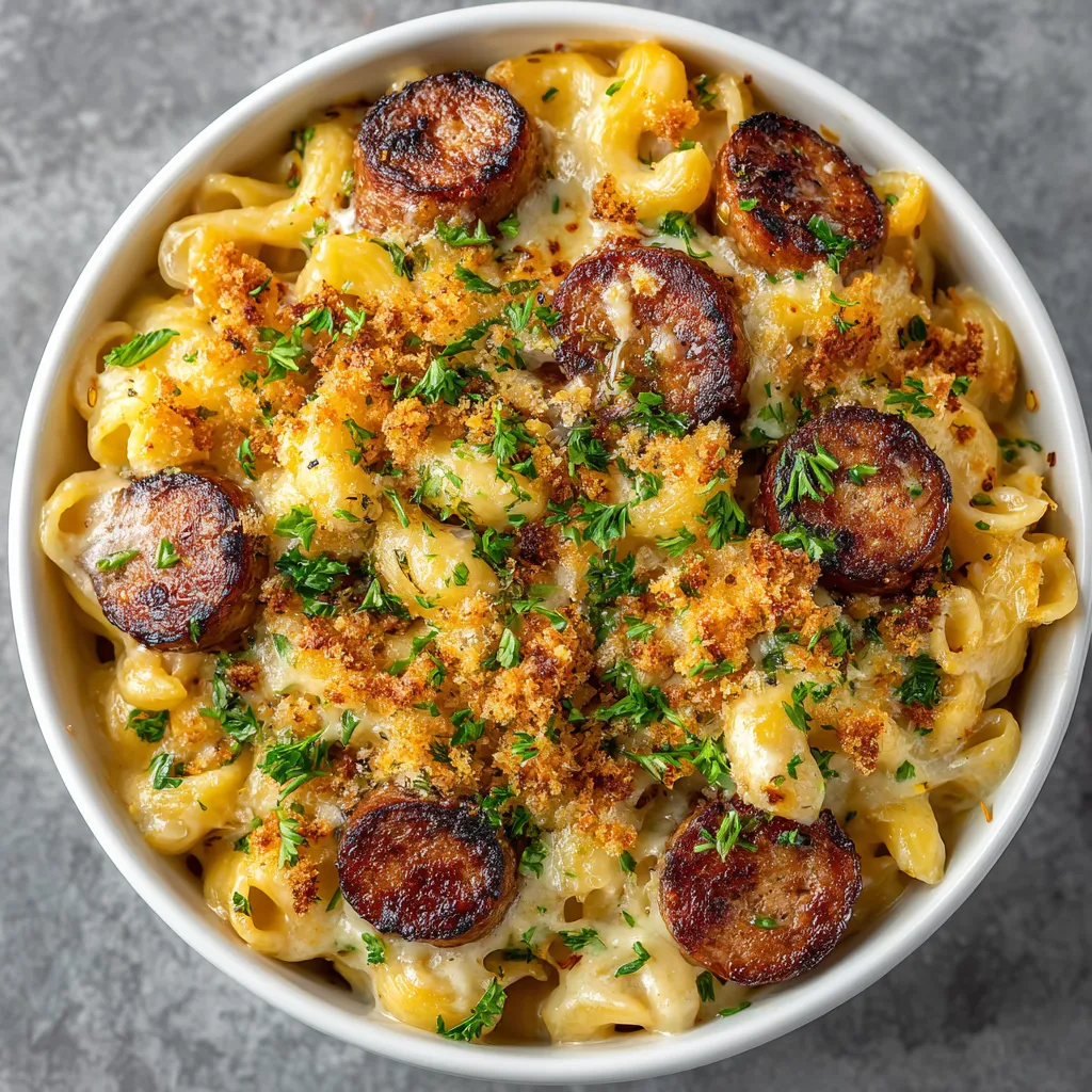 A bowl of macaroni and cheese with sausage and green onions.