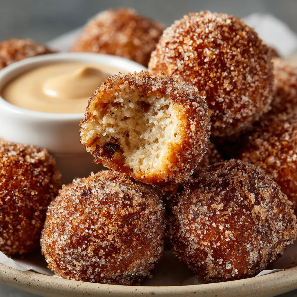 A plate of cinnamon sugar donut holes with peanut butter dip.