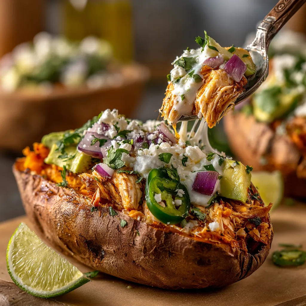 A fork is being used to eat a chicken and avocado stuffed sweet potato.