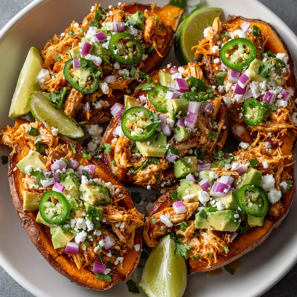 A plate of food with chicken, avocado, and lime.