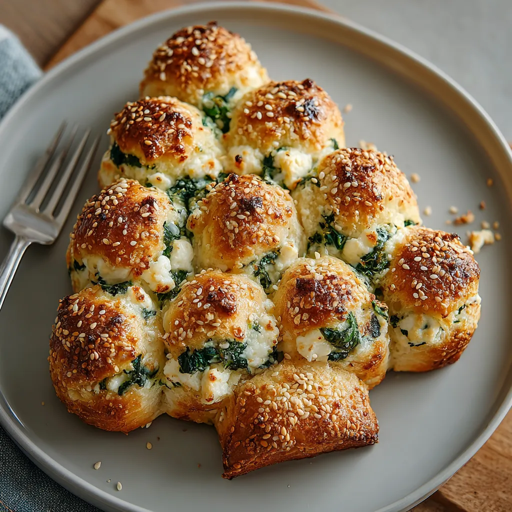 A plate of Christmas tree-shaped spinach and feta pull-apart bread.