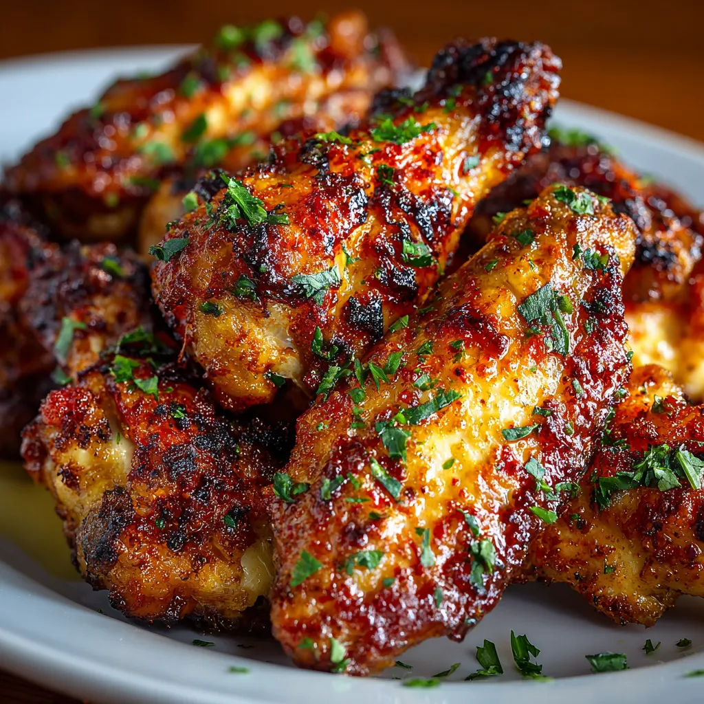 A plate of chicken wings with herbs and spices.