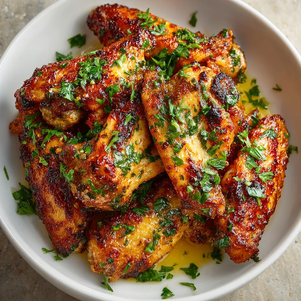 A bowl of chicken wings with herbs.