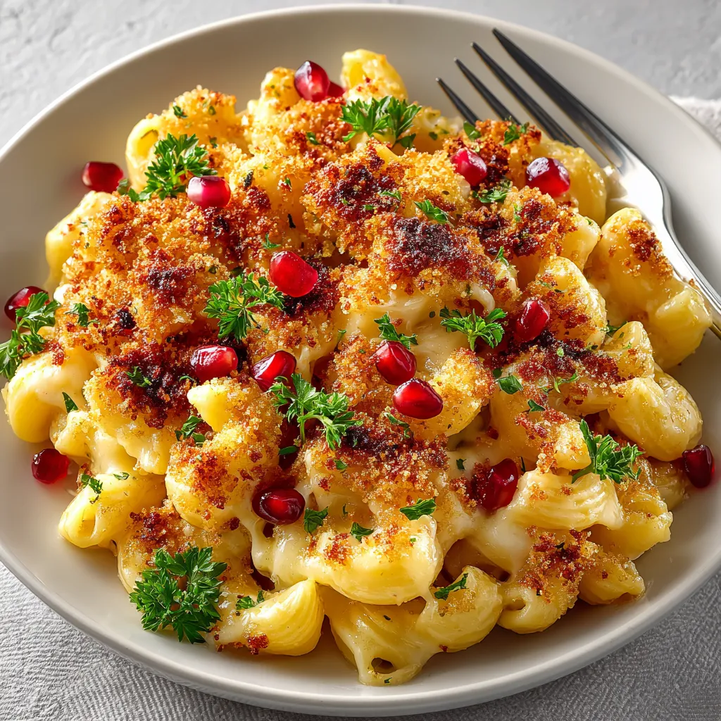 A bowl of creamy mac and cheese with a pomegranate crunch.