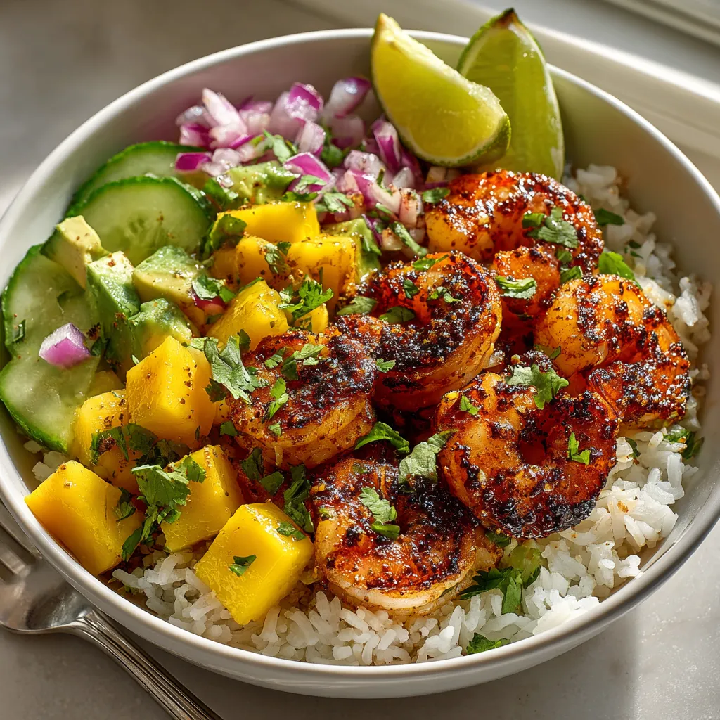 A bowl of shrimp and mango avocado rice.