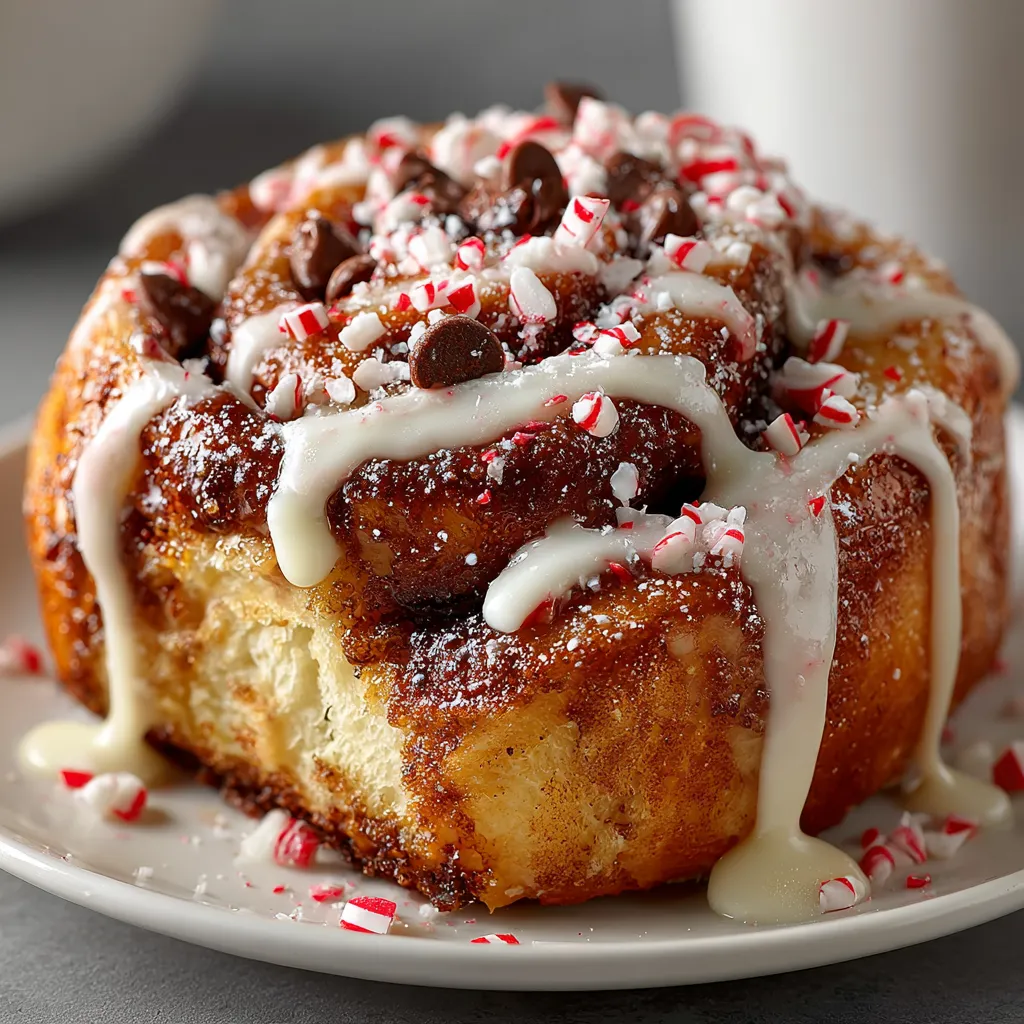 A plate of peppermint bark cinnamon rolls.