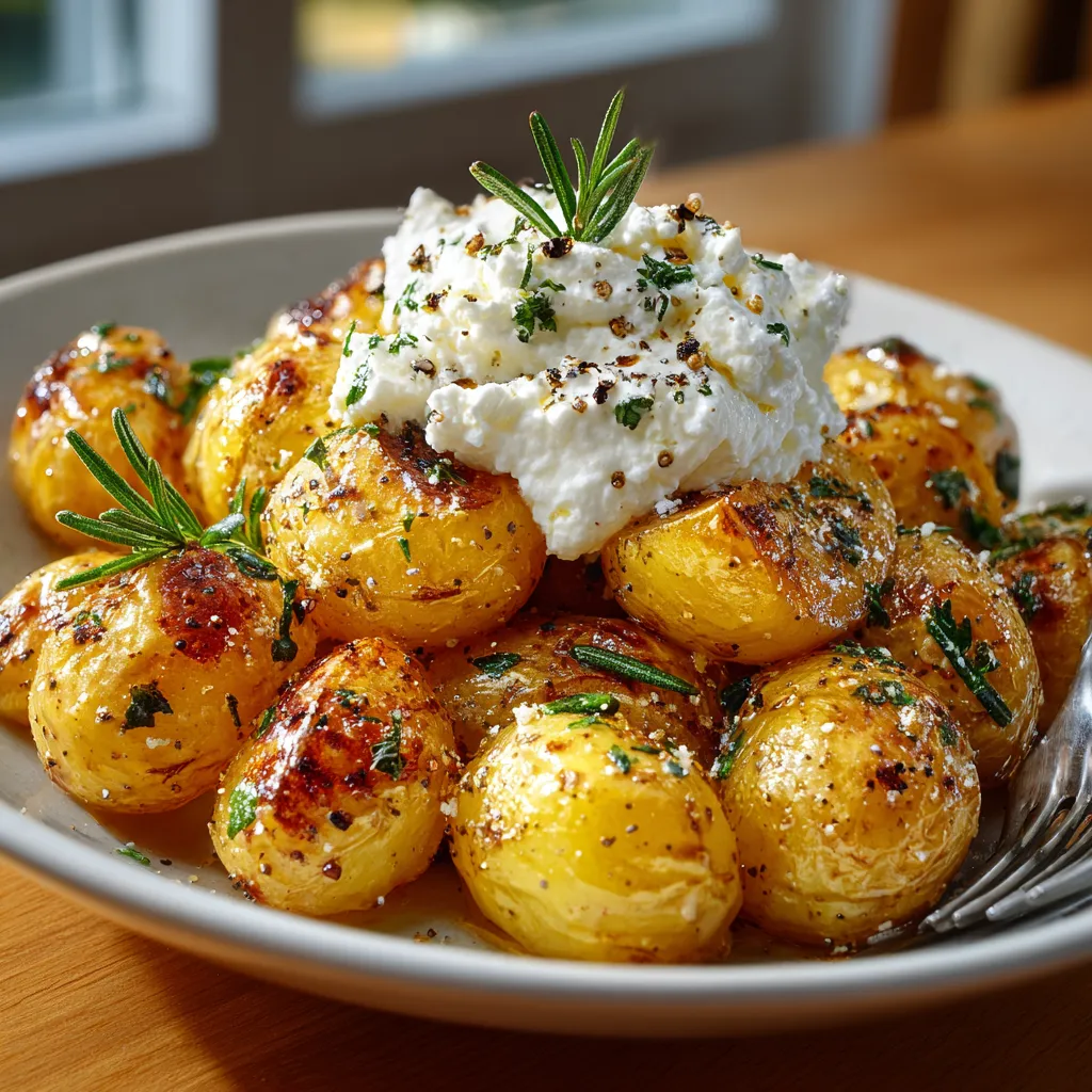 A plate of roasted potatoes with garlic and rosemary.